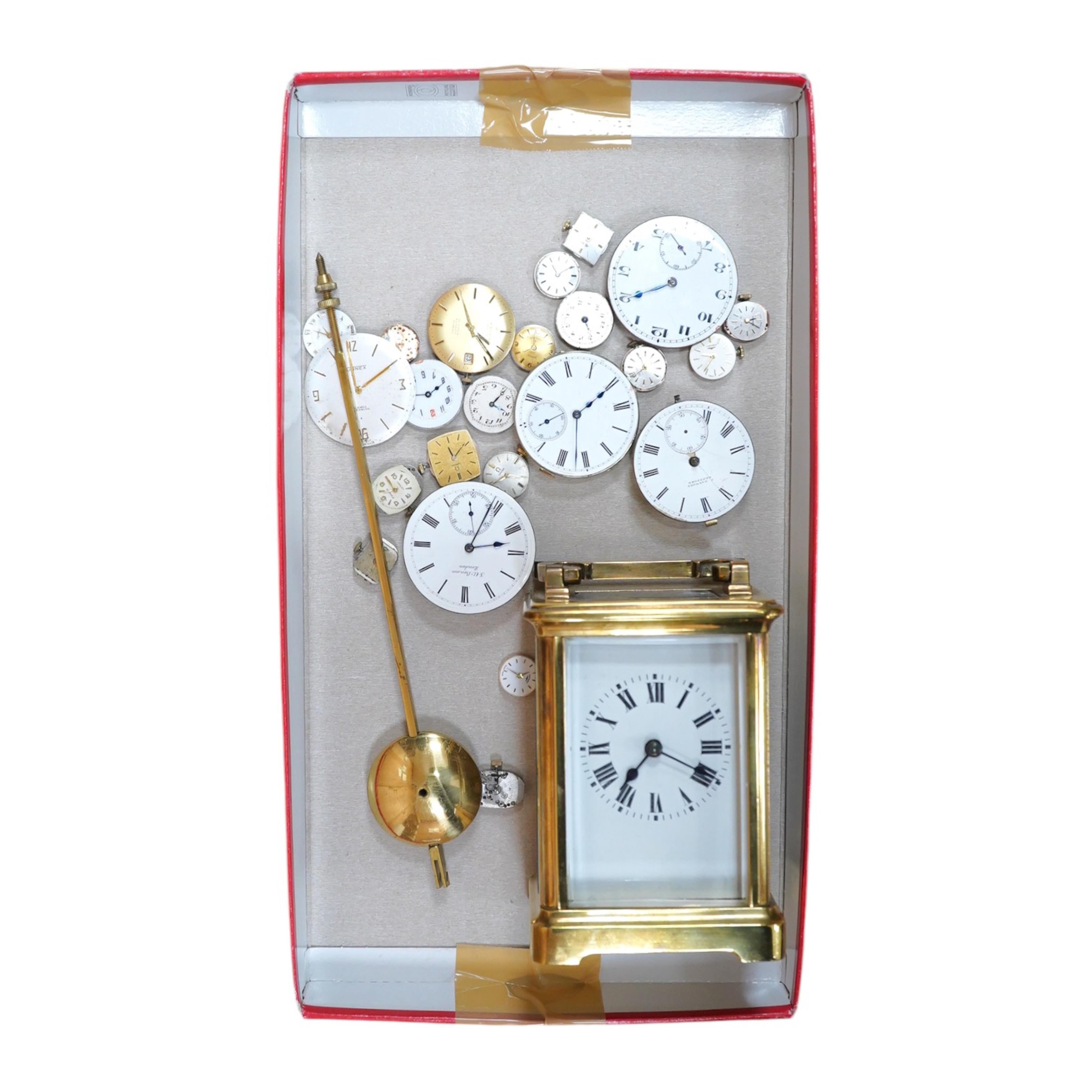 A brass cased carriage clock and assorted pocket watch movements, etc. Condition - varies